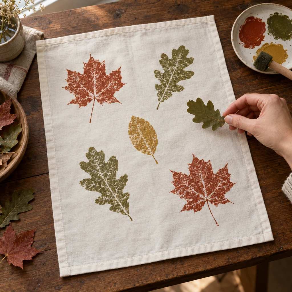 Five separate rust, olive, and ochre leaf prints arranged across a cream tea towel