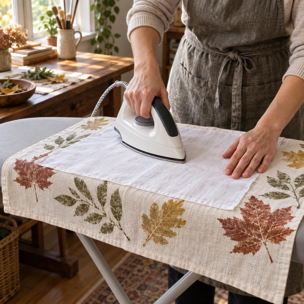 Dry leaf-printed cotton towel heat-set beneath a clean pressing cloth with a dry iron