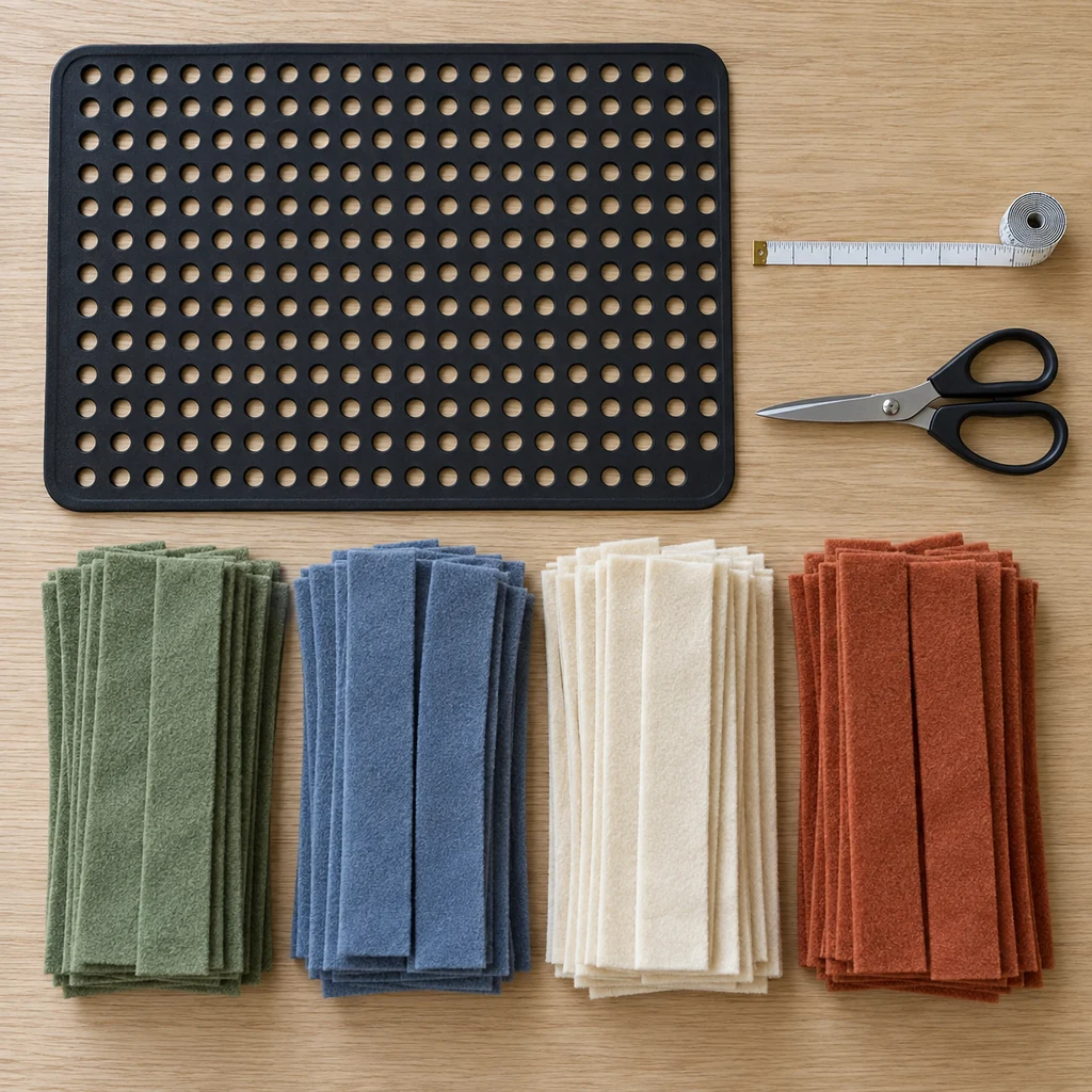 Rubber sink mat, fleece strips, scissors, and tape measure for a no-sew snuffle mat