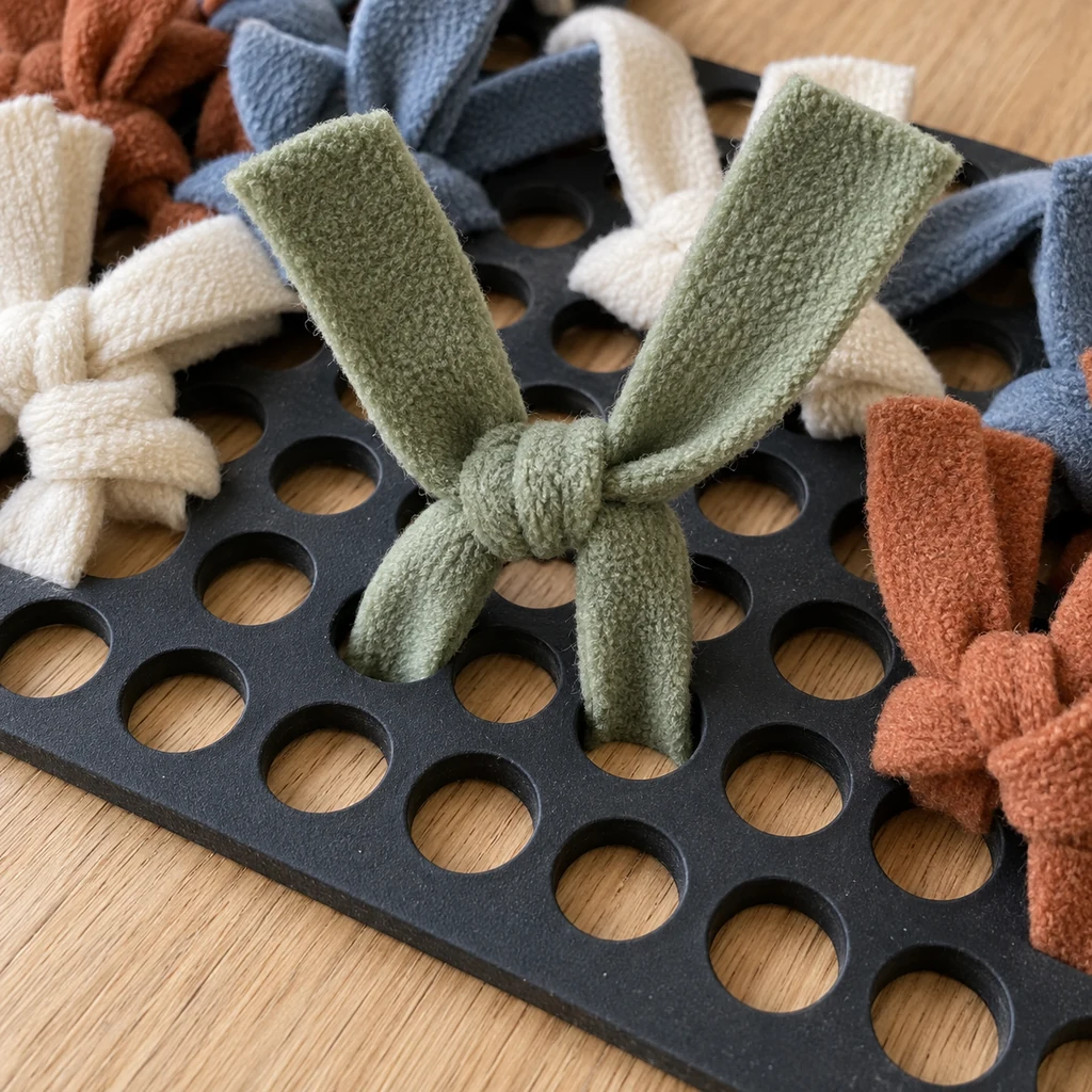 Close view of a green fleece strip tied through two adjacent holes in the rubber mat
