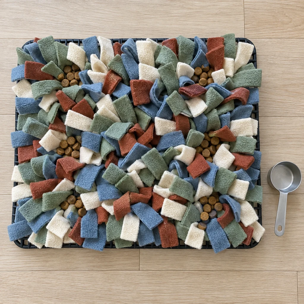 Small portions of dry dog kibble placed across a finished four-color fleece snuffle mat