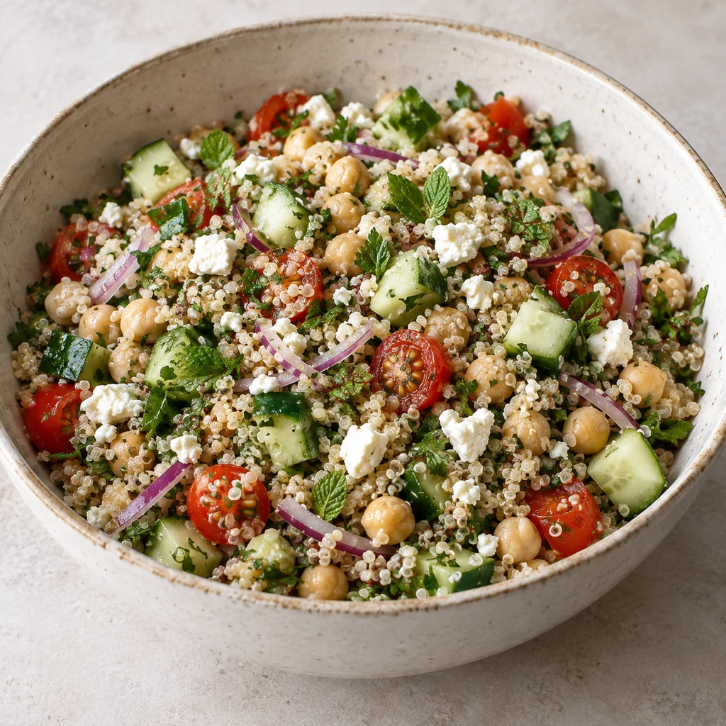 Finished quinoa chickpea salad lightly dressed and topped with crumbled feta