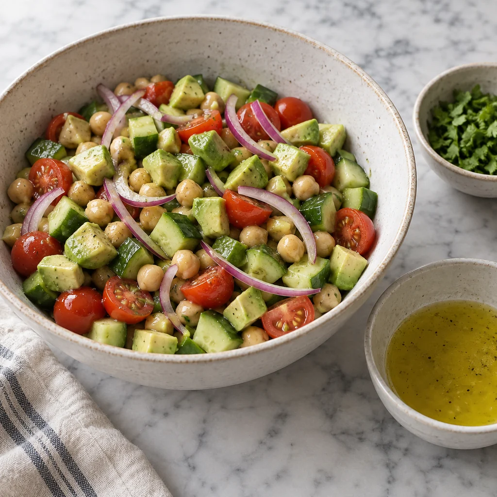 Chickpea and avocado salad in a bowl with lime and olive oil dressing nearby