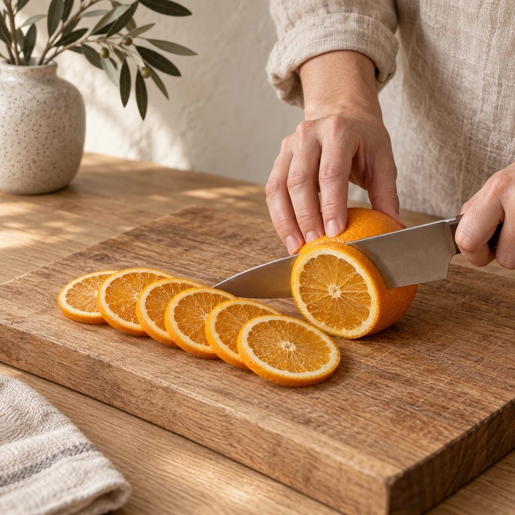 Hands safely slicing a navel orange into uniform thin rounds on a wooden cutting board
