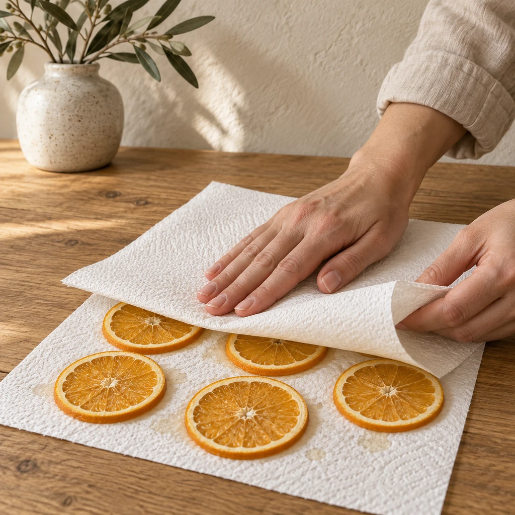 Hands pressing paper towel over thin fresh orange slices to remove surface moisture