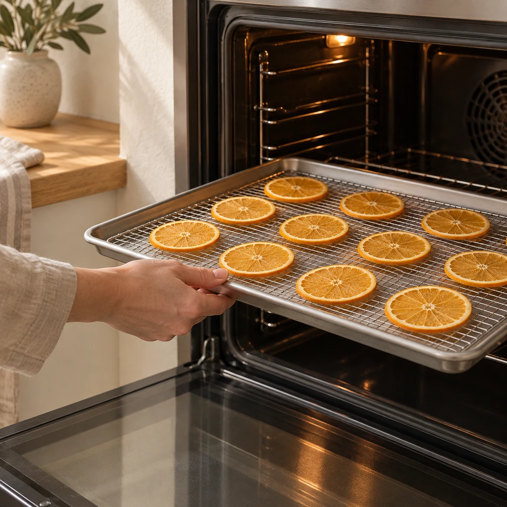 Thin orange slices spaced in a single layer on a wire rack over a rimmed baking sheet entering a low oven