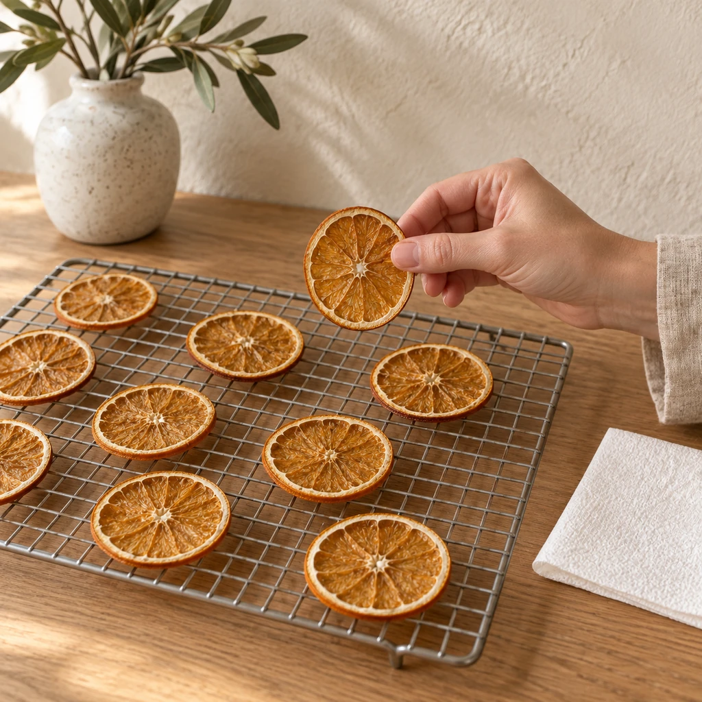 A hand inspecting a fully dried orange slice above a cooling rack of dried rounds