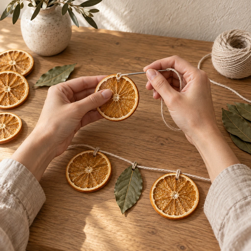 Hands threading fully dried orange rounds and bay leaves onto natural cotton twine
