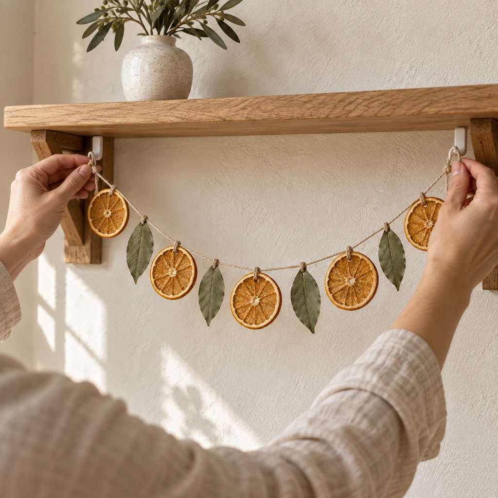 Hands attaching a completed dried orange and bay leaf garland beneath a warm wooden shelf