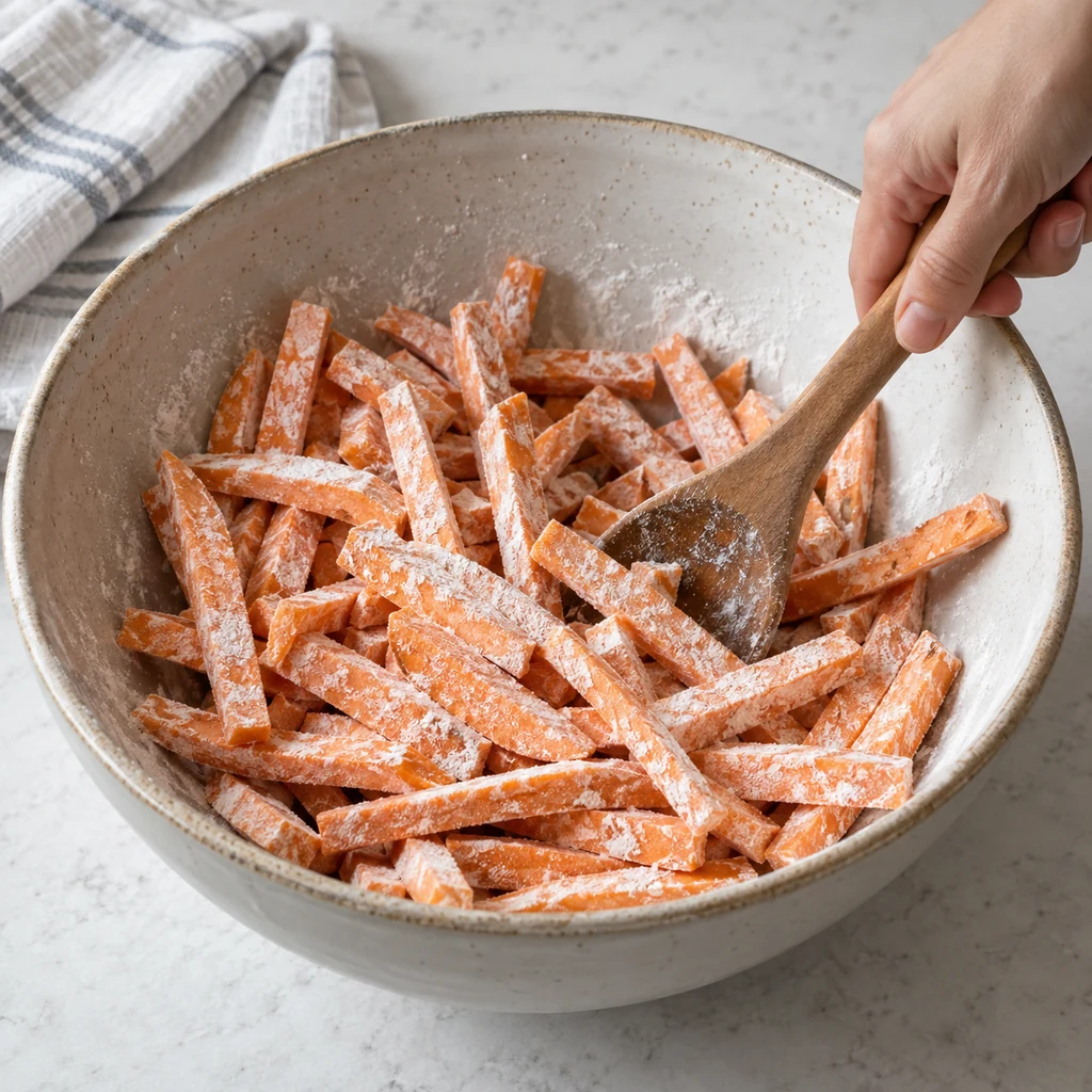 Thoroughly dried sweet potato sticks being coated evenly with cornstarch in a bowl