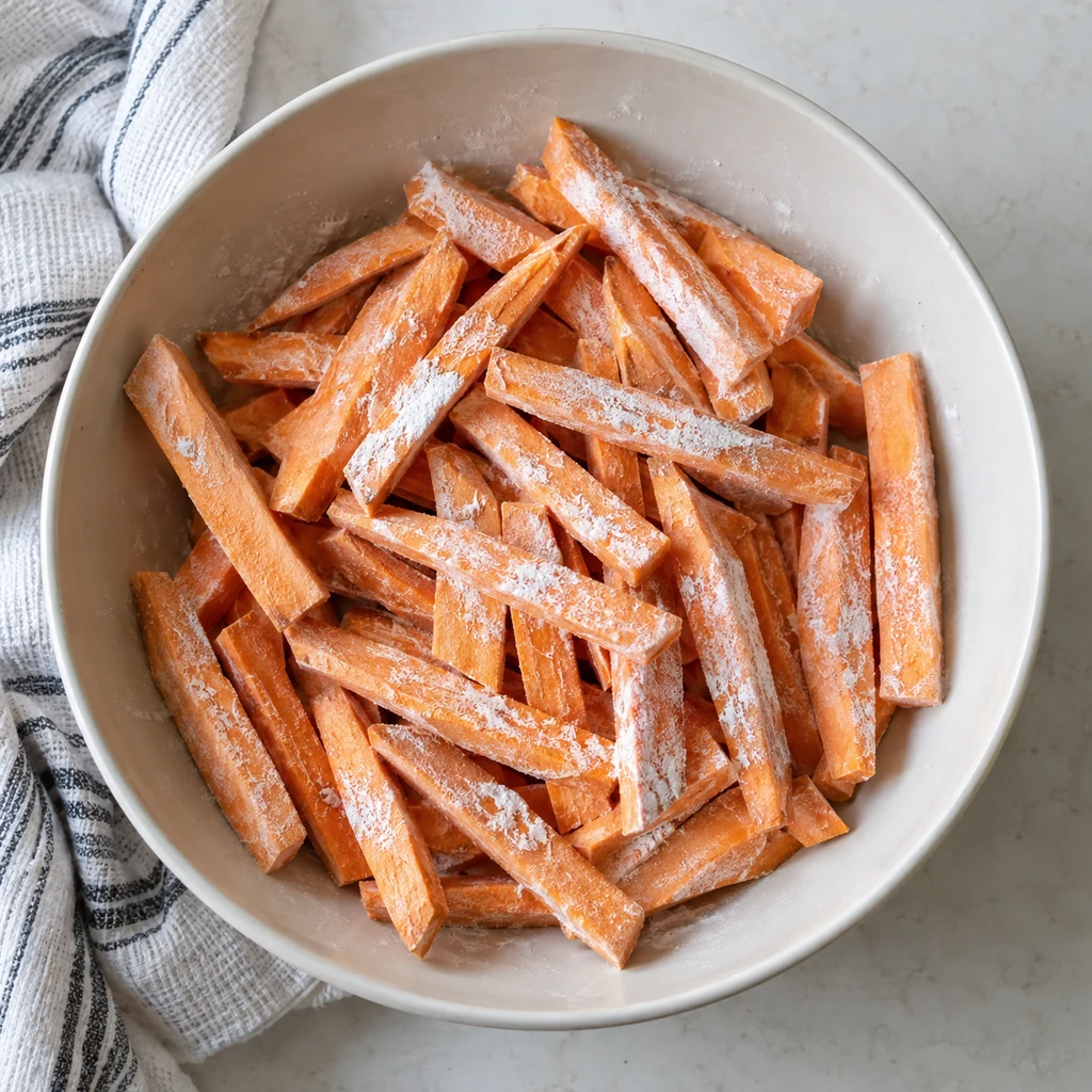 Raw dried sweet potato batons lightly dusted with cornstarch in a wide bowl