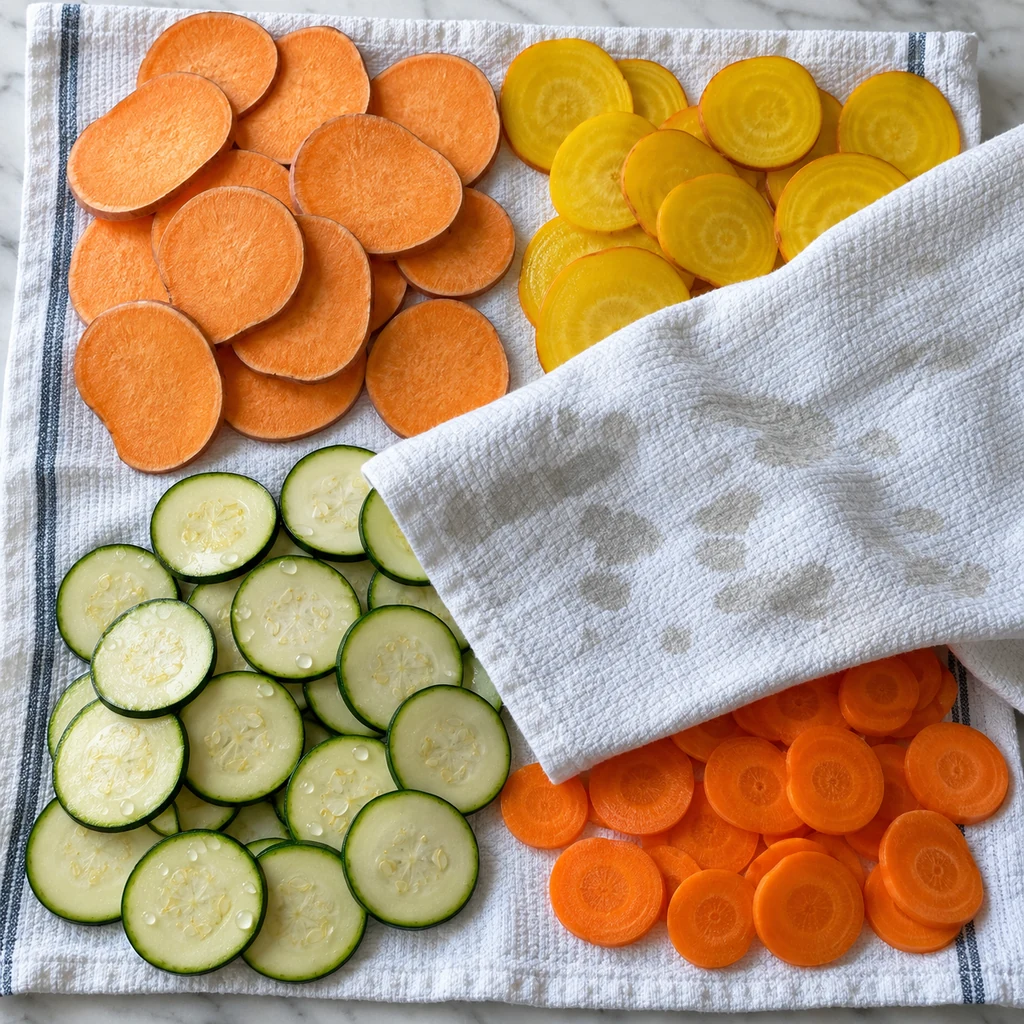 Thin vegetable rounds drying between clean absorbent kitchen towels