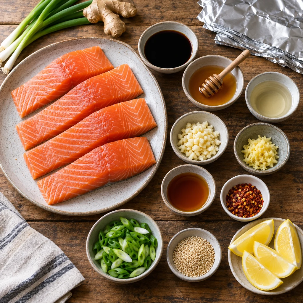 Ingredients for easy Asian salmon in foil arranged on a kitchen table