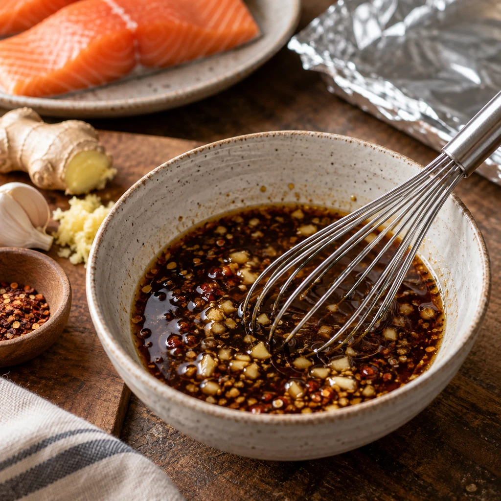 Soy honey ginger marinade being whisked in a bowl