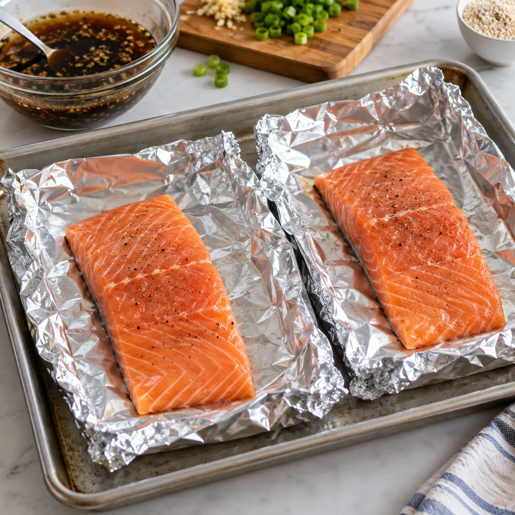 Salmon fillets placed on foil sheets on a baking tray