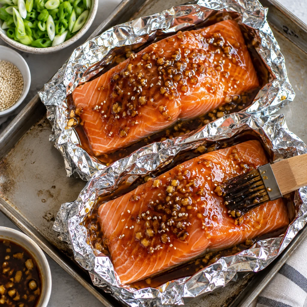 Salmon fillets brushed with soy honey ginger glaze in foil