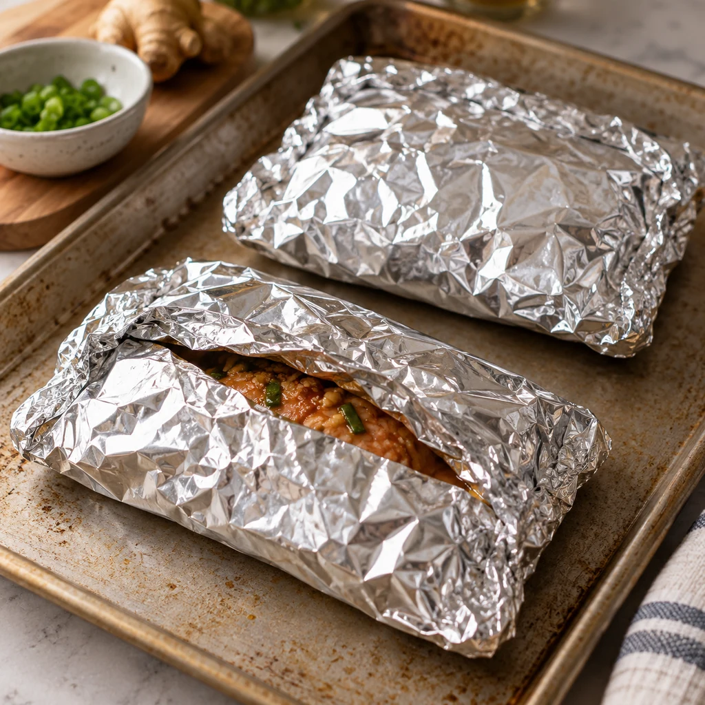 Foil packets sealed around marinated salmon on a baking sheet