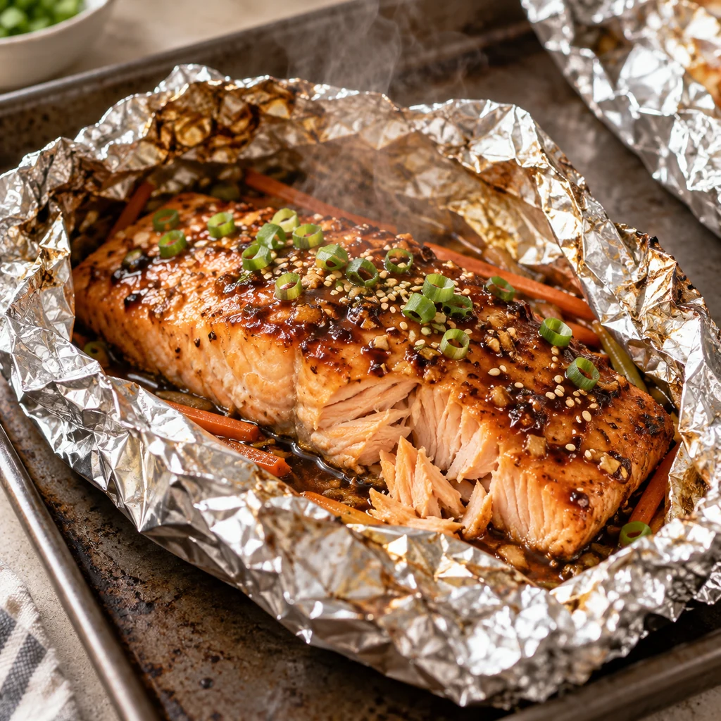 Baked salmon opened in foil with glossy glaze and steam