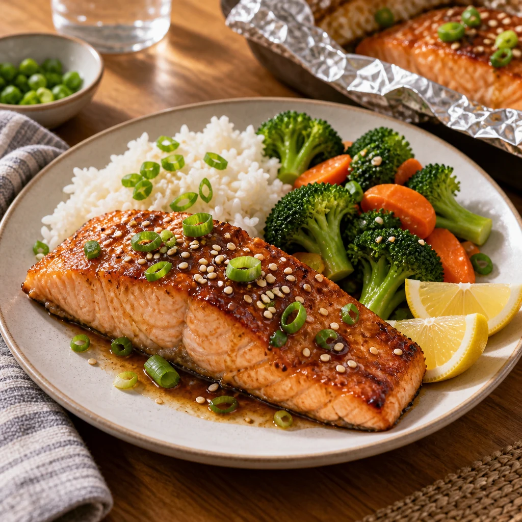 Asian salmon served with rice steamed vegetables and lemon