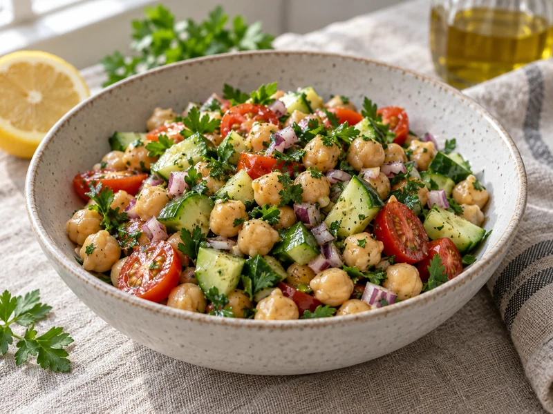 Finished chickpea salad with cucumber, cherry tomatoes, red onion, and parsley