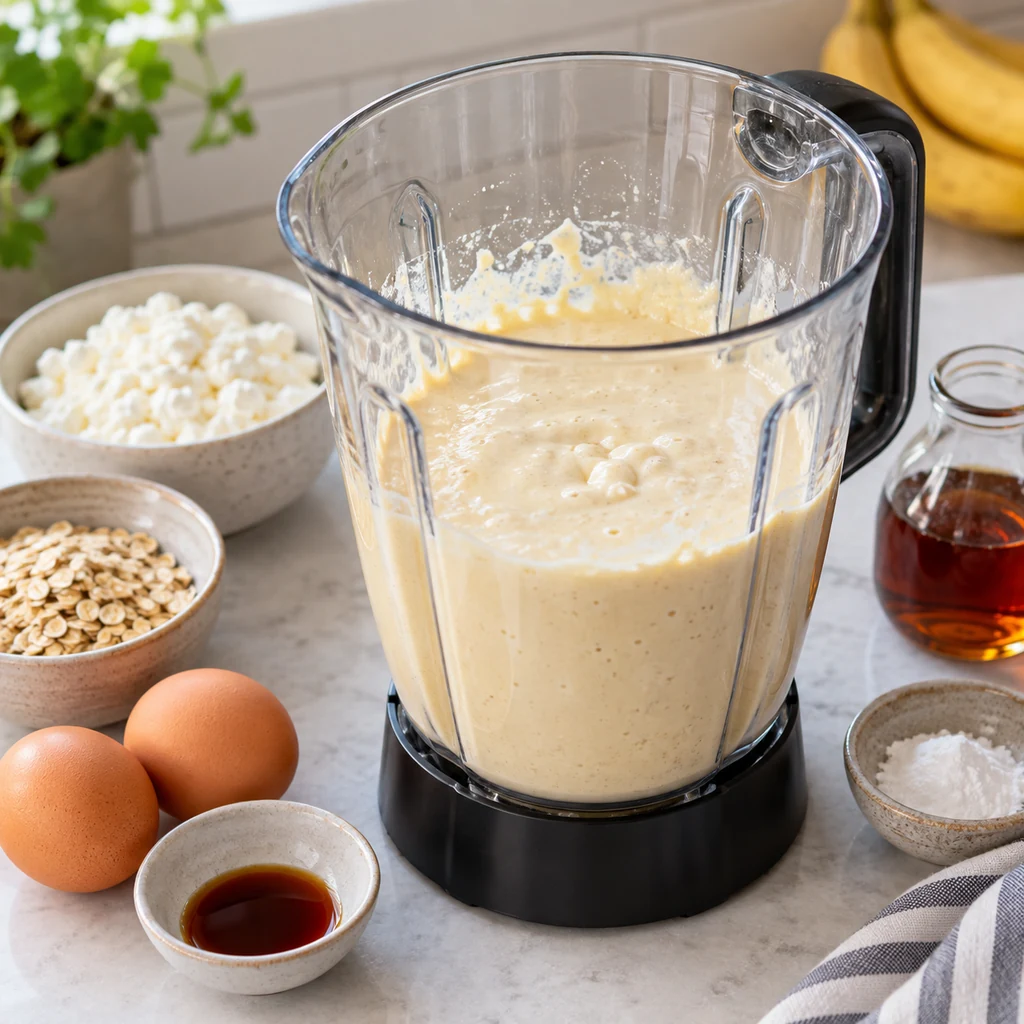 Cottage cheese pancake batter blended with eggs, oats, and vanilla