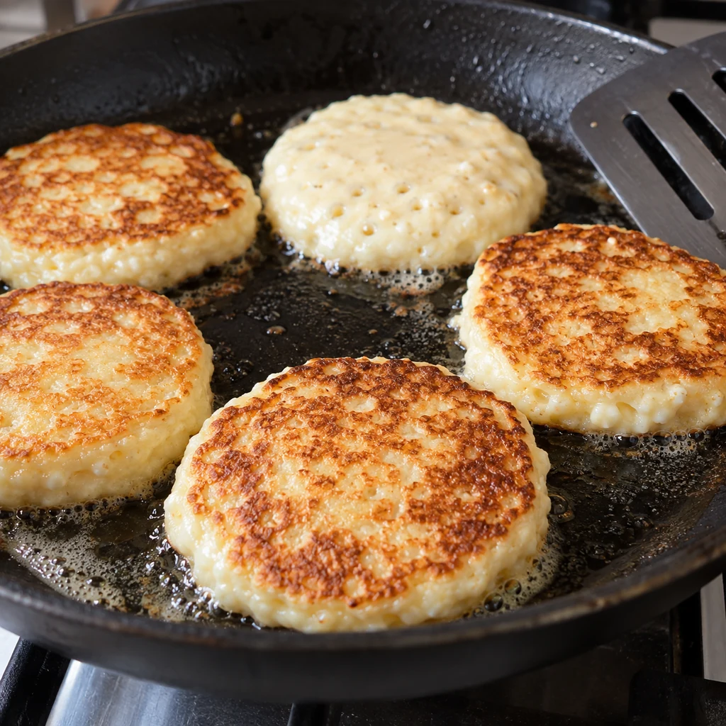Cottage cheese pancakes cooking until golden in a skillet
