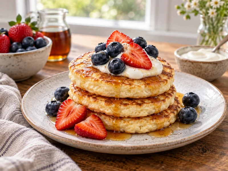 Fluffy cottage cheese pancakes with berries, yogurt, and maple syrup