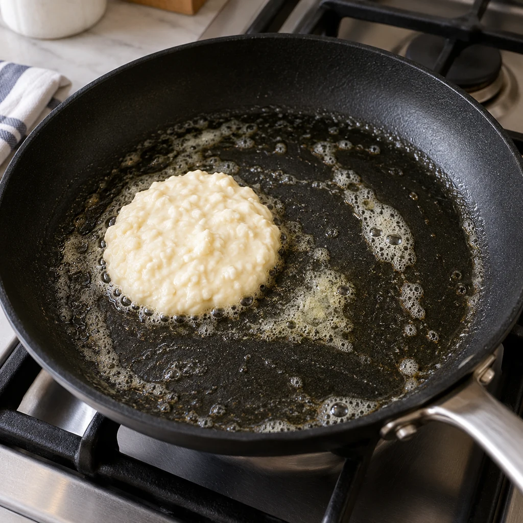 Cottage cheese pancake batter added to a buttered skillet