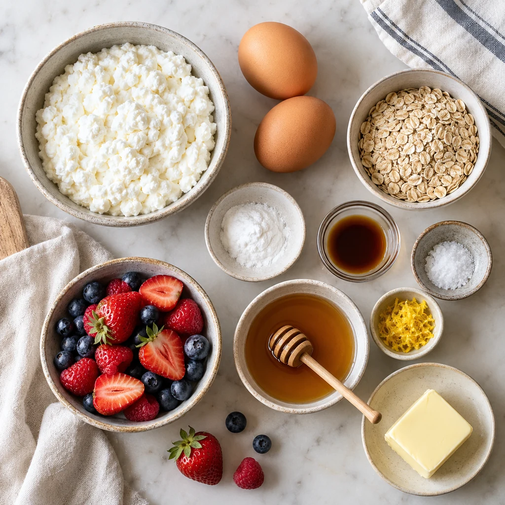 Ingredients for cottage cheese pancakes arranged on a kitchen counter