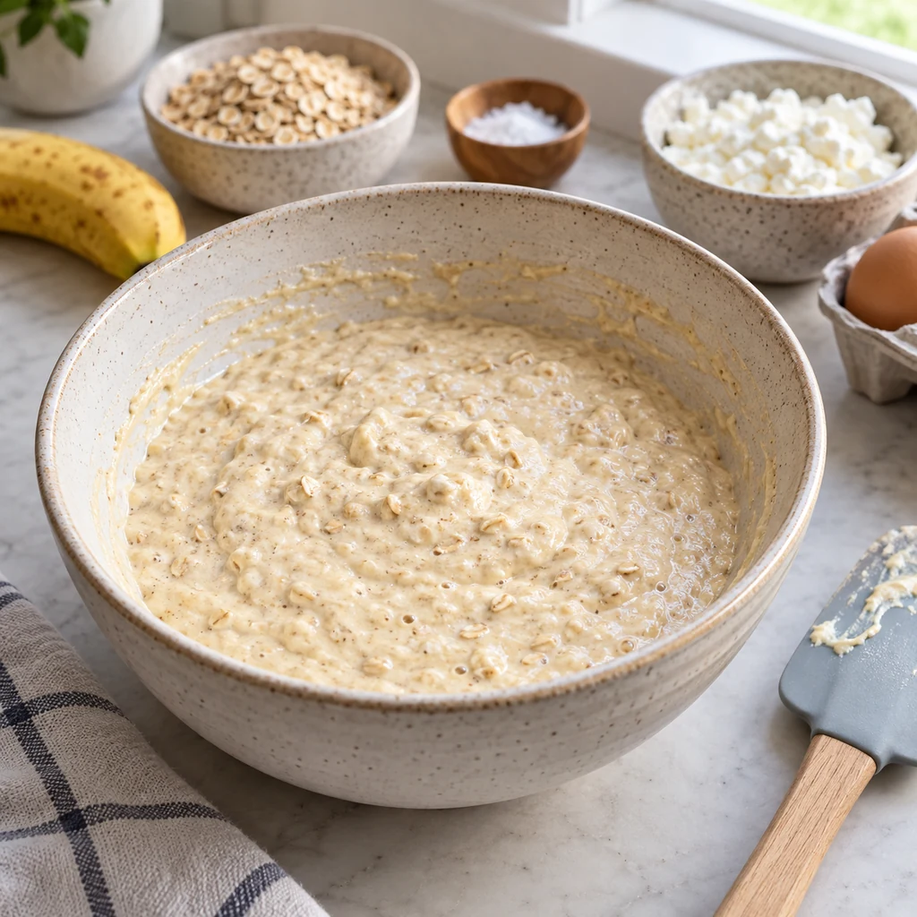 Thick cottage cheese pancake batter resting in a mixing bowl