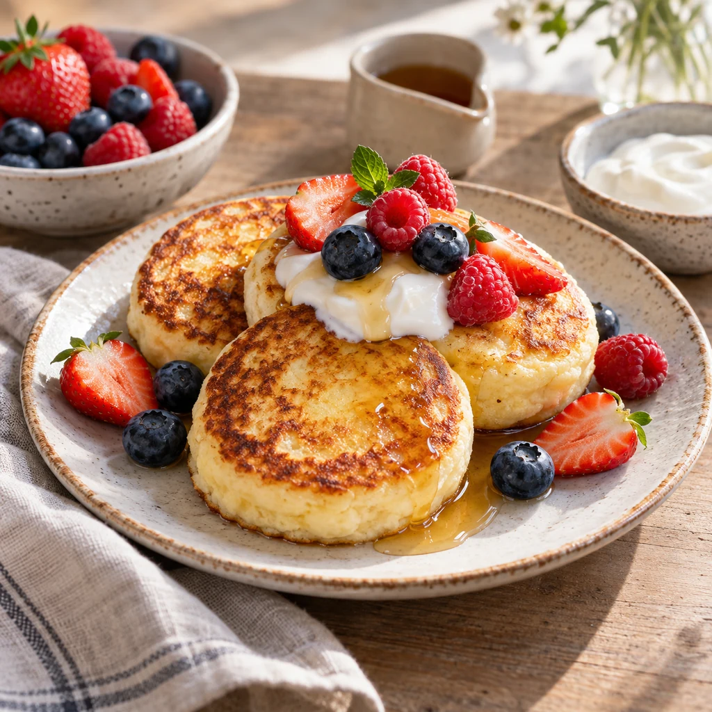 Warm cottage cheese pancakes served with berries, yogurt, and syrup