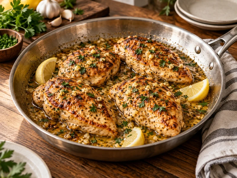 Golden garlic butter chicken breasts with parsley and lemon in a skillet