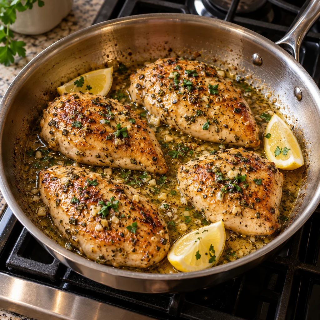 Cooked chicken breasts coated with garlic butter sauce parsley and lemon in a skillet