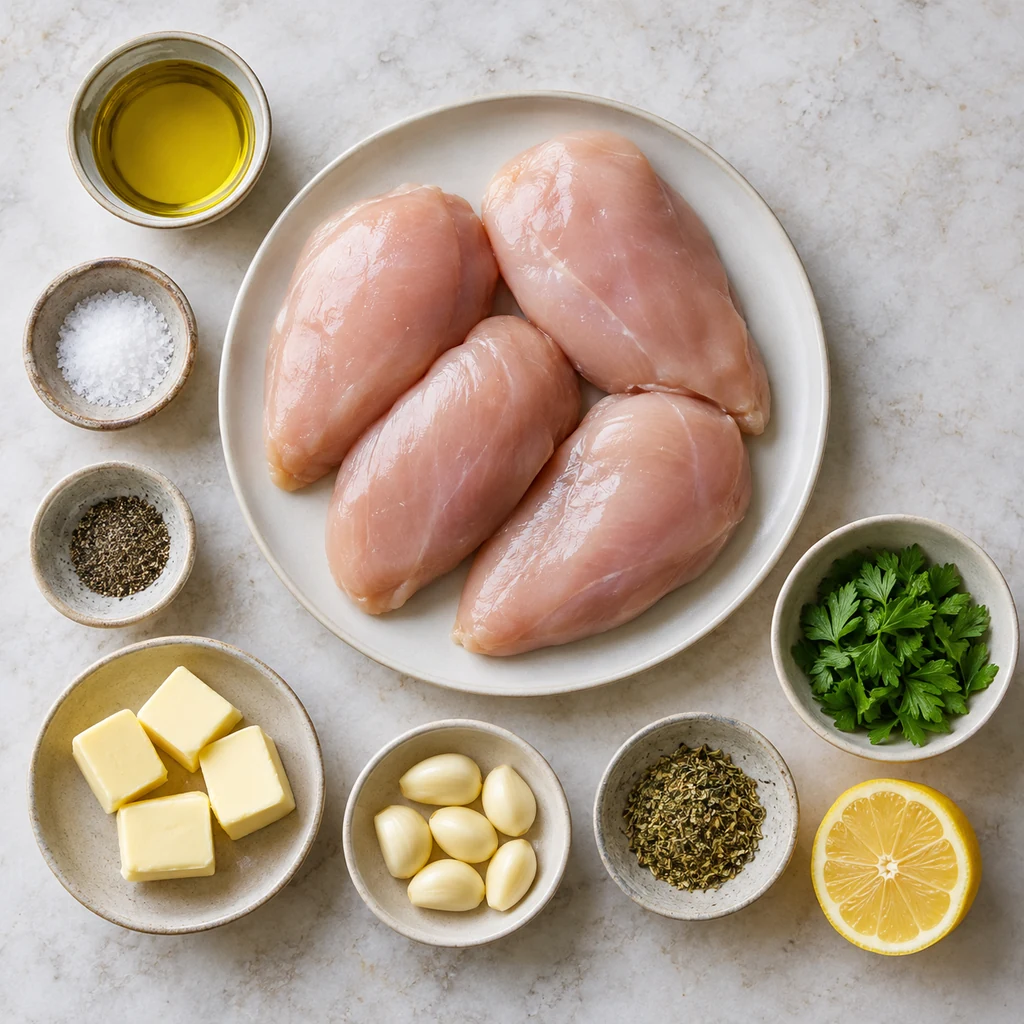 Chicken breasts butter garlic olive oil herbs parsley lemon salt and pepper