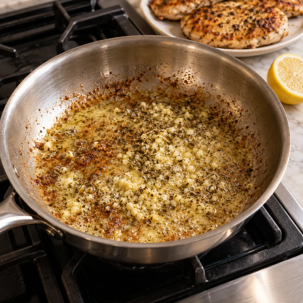 Minced garlic Italian seasoning and butter bubbling with browned pan bits