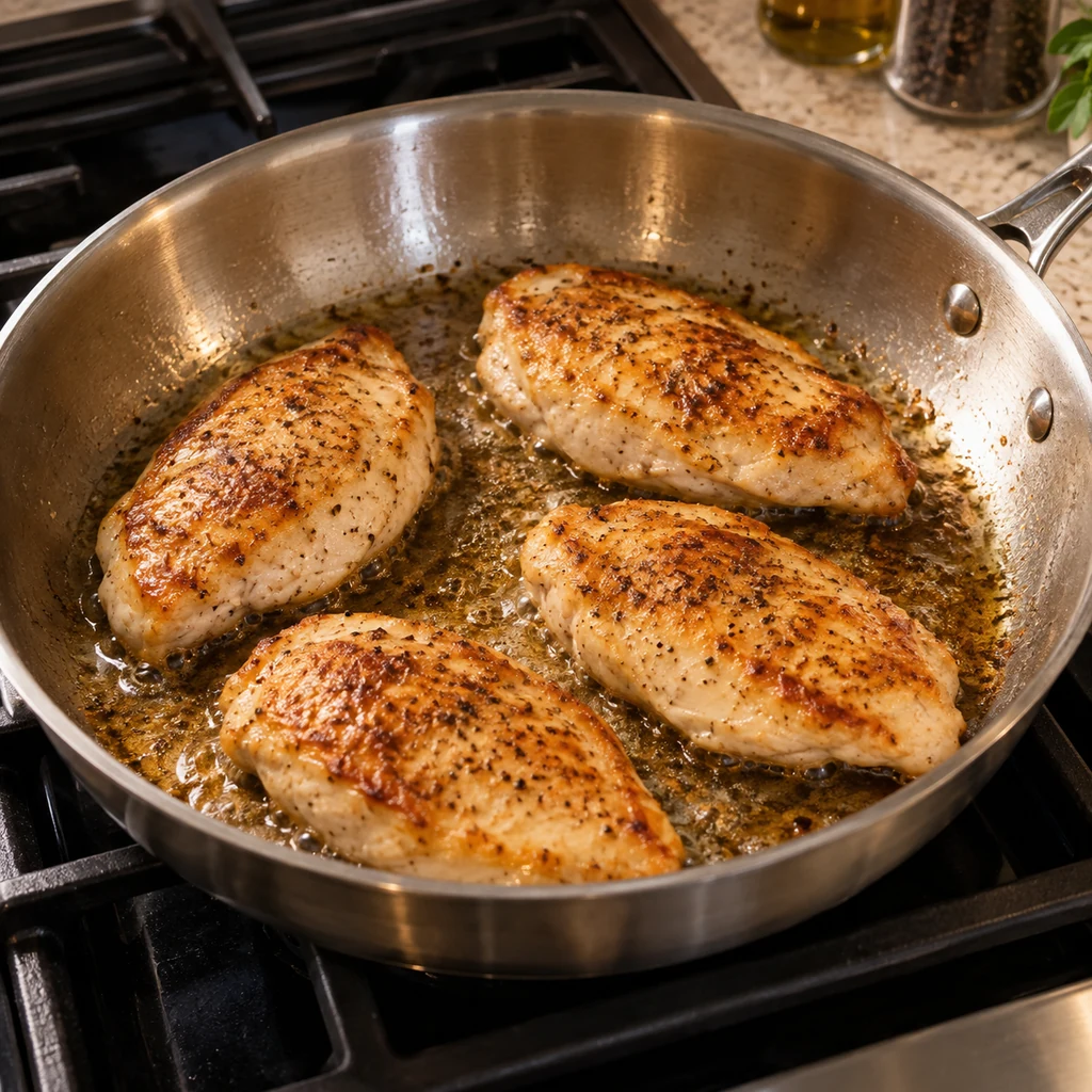 Four seasoned chicken breasts developing a golden crust in a stainless steel skillet