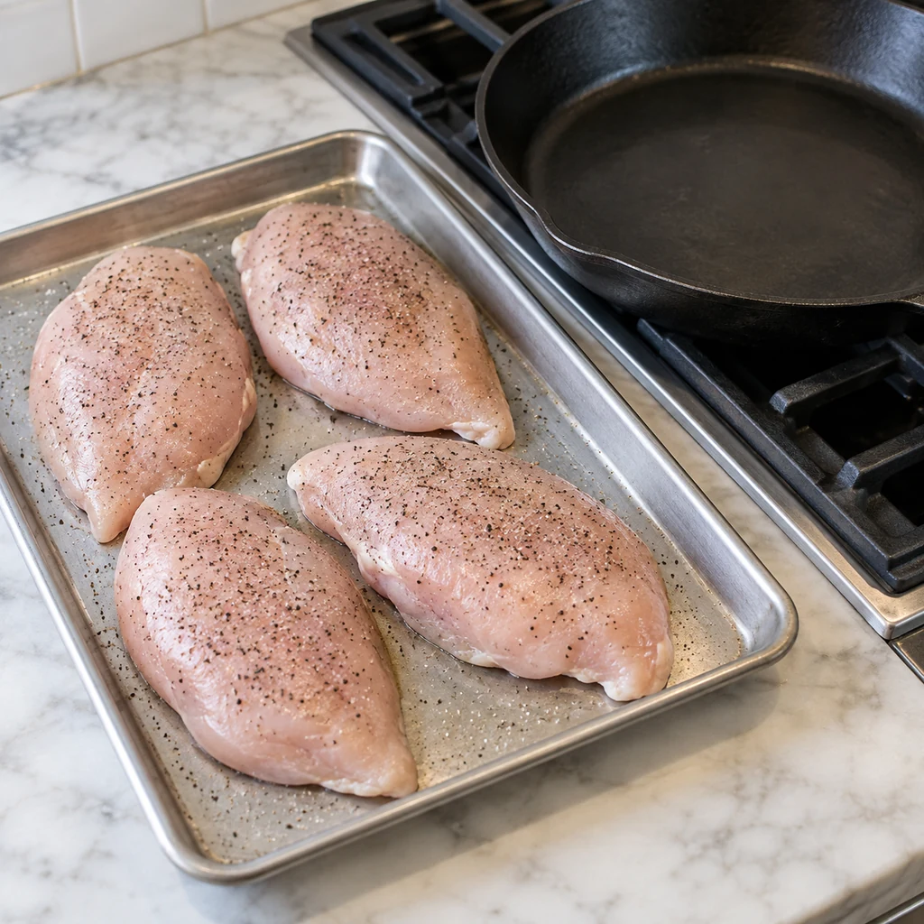 Four chicken breasts dried and seasoned with salt and black pepper beside a skillet