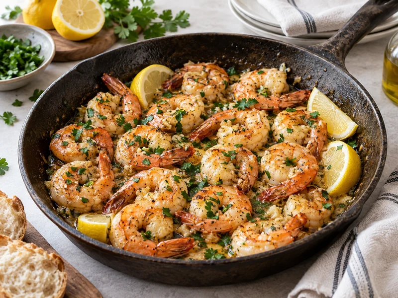 Garlic butter shrimp in a skillet with lemon wedges and parsley