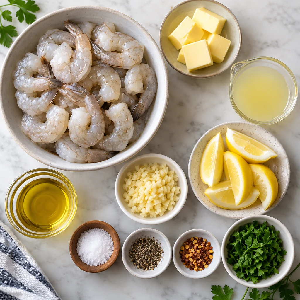 Ingredients for easy garlic butter shrimp arranged on a kitchen counter