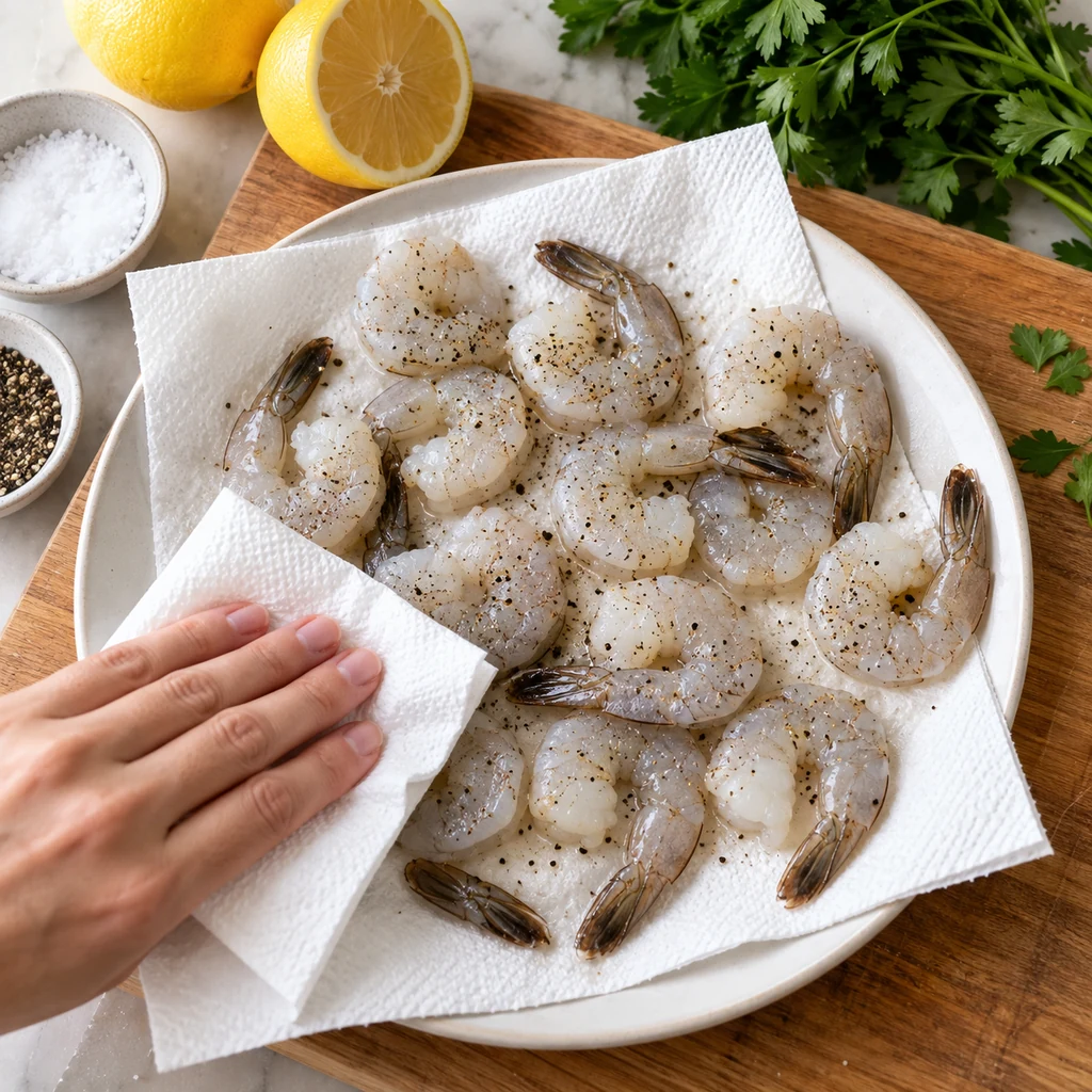 Raw shrimp patted dry and seasoned with salt and pepper