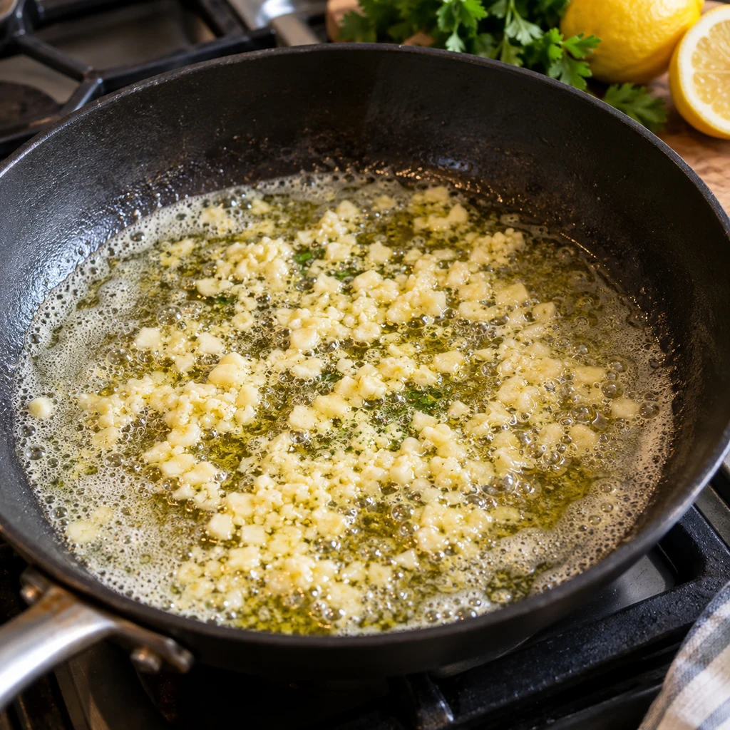 Minced garlic sizzling gently in melted butter and olive oil
