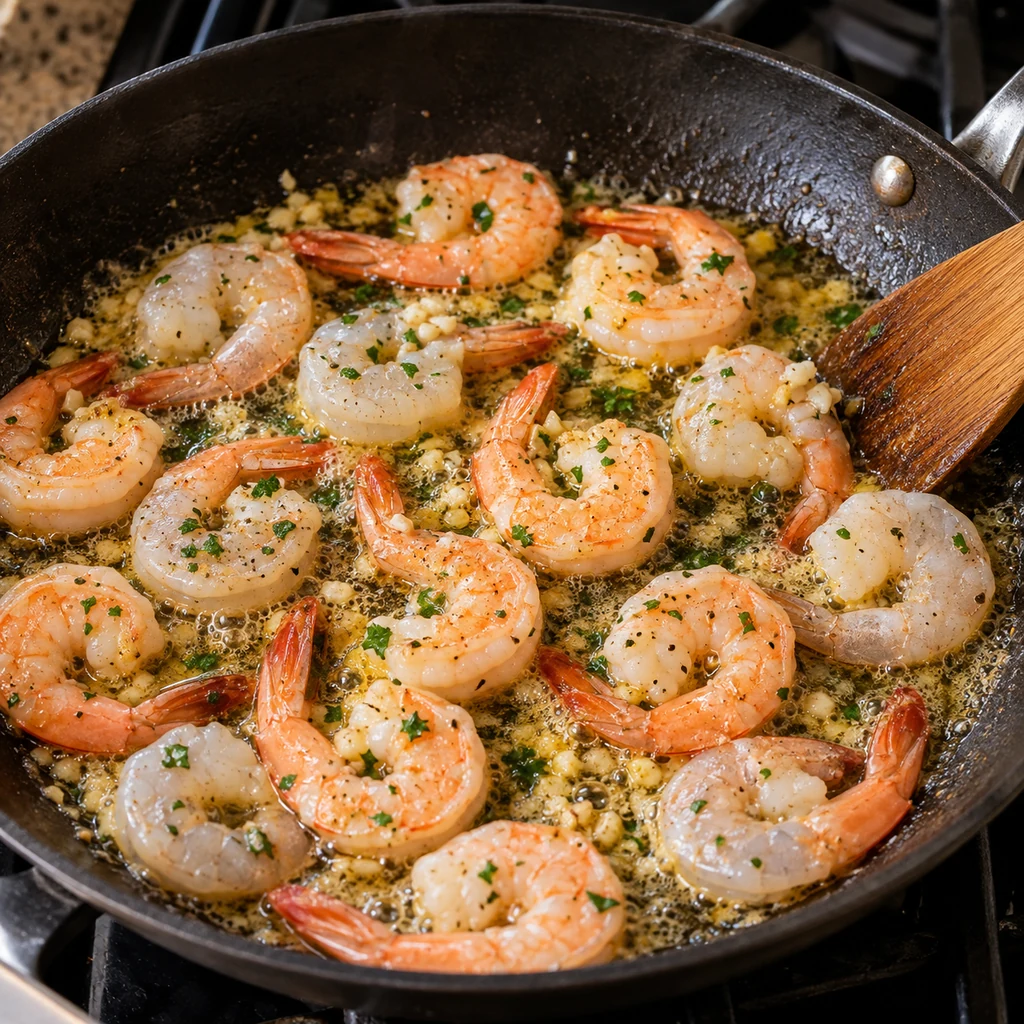 Shrimp cooking in garlic butter until pink in a skillet