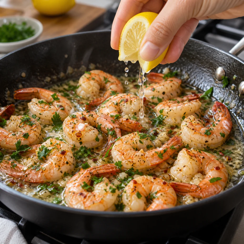 Fresh lemon juice squeezed over cooked garlic butter shrimp