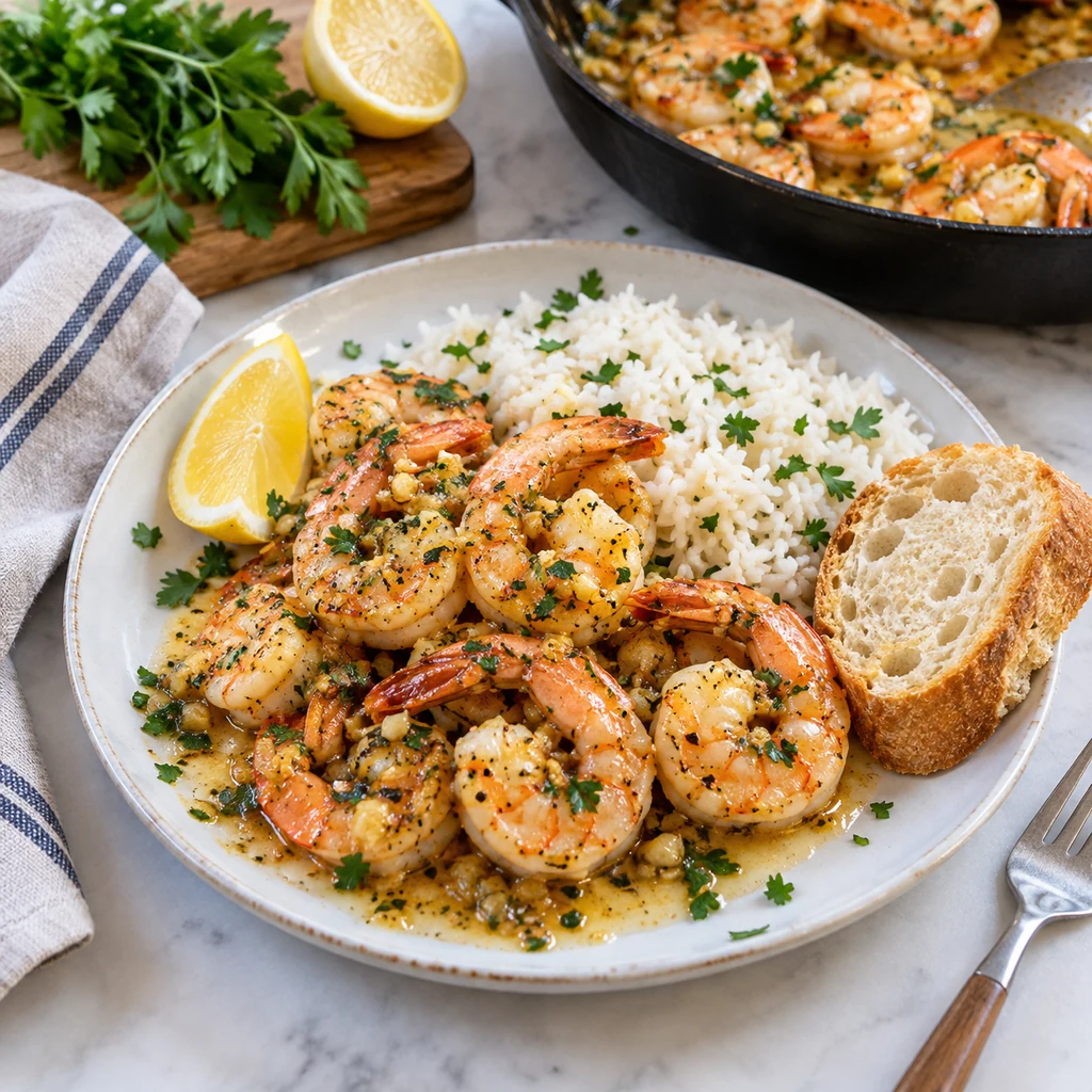 Finished garlic butter shrimp served with rice lemon and bread