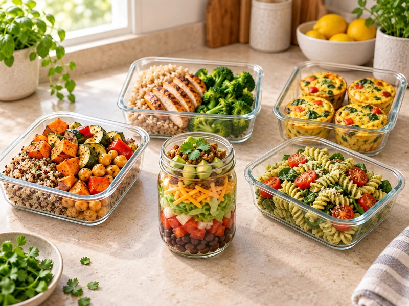 Five practical gluten-free meal prep ideas arranged in glass containers.