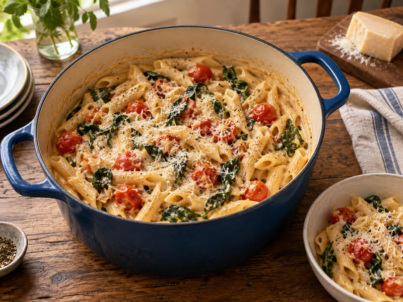 A deep pot of creamy one-pot penne pasta with cherry tomatoes, spinach, and Parmesan.