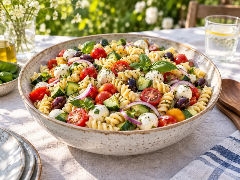 A colorful summer pasta salad served on a sunny garden table.