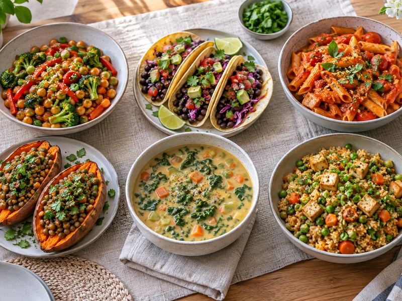 Six easy vegan dinners arranged together on a bright home dining table.