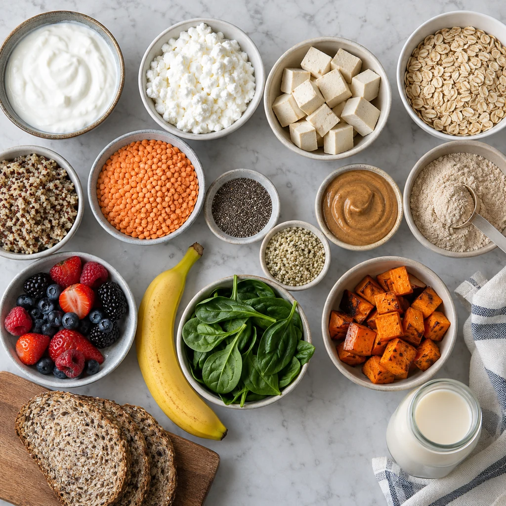 Core ingredients for high-protein breakfasts without eggs.