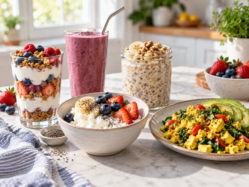 A spread of colorful high-protein breakfasts without eggs.